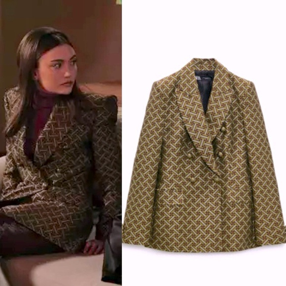 Zara Geometric Pattern Blazer Green & Brown Daniela Nieves Blazer Size XS NEW - Picture 1 of 10